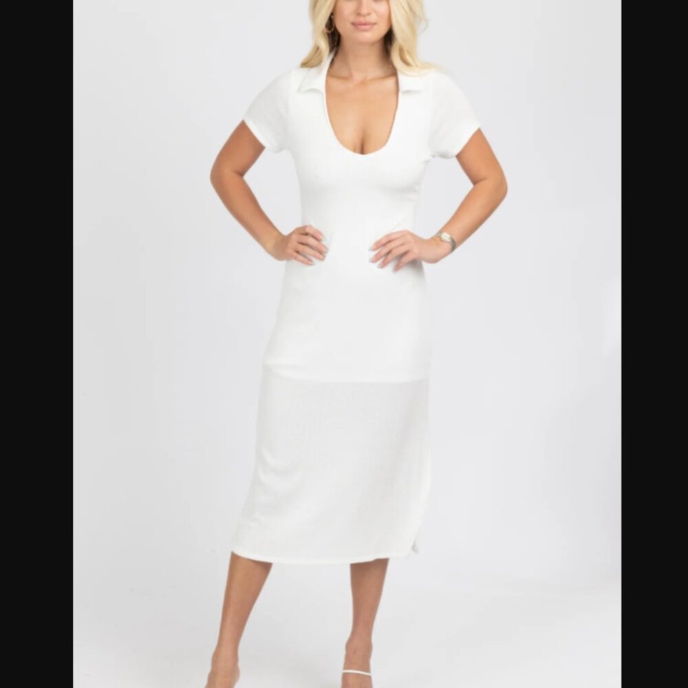L'ABEYE SHORT SLEEVE COLLARED MIDI DRESS IN IVORY